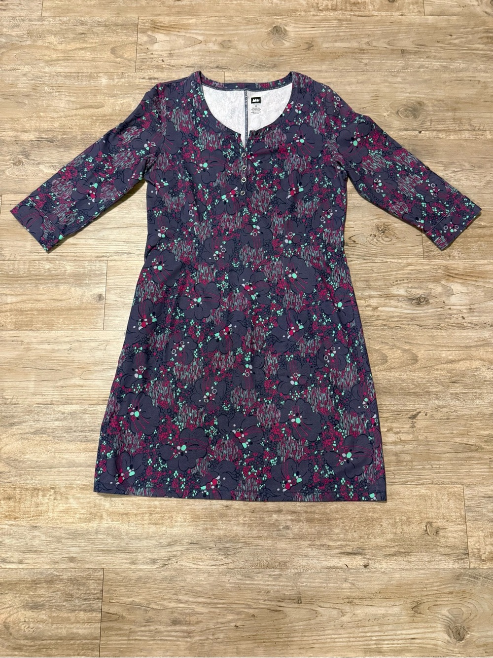 REI Women's 3/4 Sleeve Floral Dress - Purple and Blue
